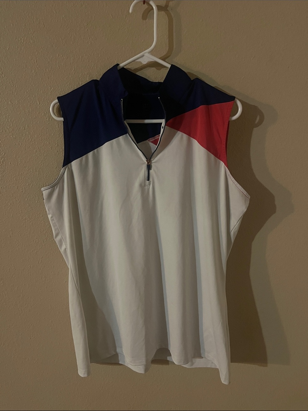 White Sleeveless Zip-Front Tank with Navy and Red Shoulder Panels